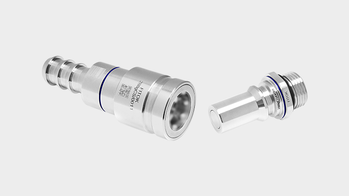 FITOK UQD series socket and plug — manufacturer product illustration showing hose-barb and threaded ends; dimensional and pressure data remain configuration-specific.