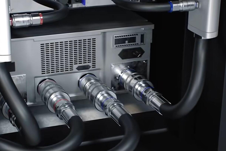 Cooling connections shown on Guchen's UQD page — installation context only; the pictured equipment and coupling sizes are not identified as a supplied assembly.