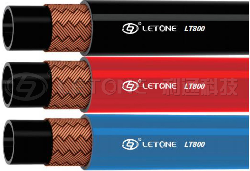 Letone LT800 hose construction illustration — black, red and blue covers with cutaway reinforcement; bulk hose, not a finished end-fitted assembly.