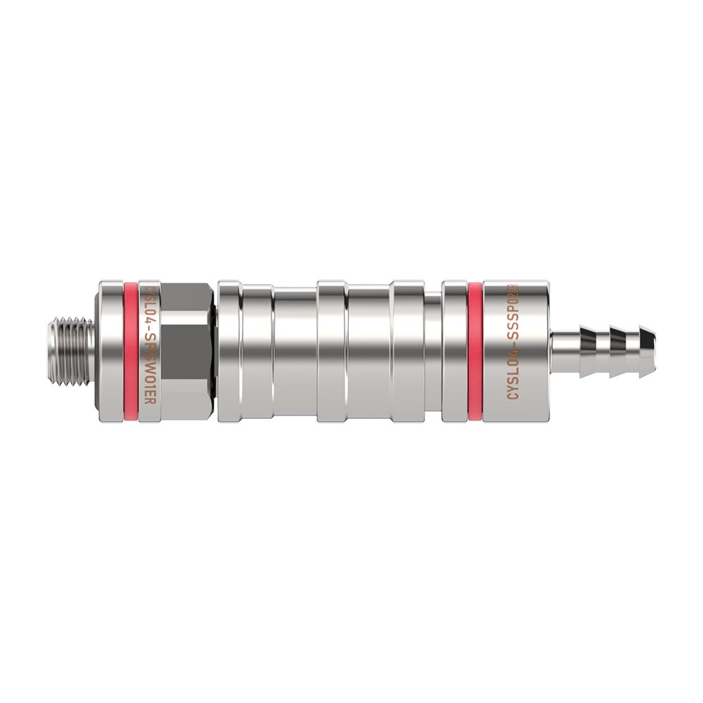 Xindaaitech CYSL self-locking coupling — manufacturer rendering with hose-barb and threaded ends; shown as a distinct coupling series.