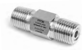 FITOK check-valve catalog cover — short stainless-body threaded configuration; low-resolution reference, not a shared pressure rating.