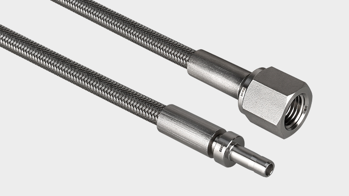 FITOK PS fluoropolymer hose series showing braided body and two representative end styles.