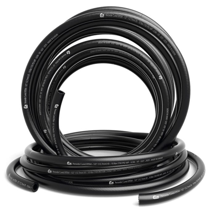 CEJN peroxide-cured EPDM liquid-cooling hose stock, coiled and unterminated manufacturer photograph.