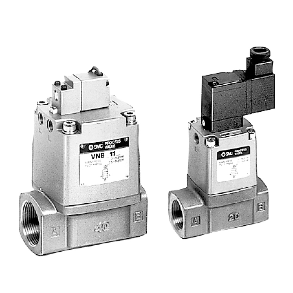 SMC VNB two-port process valve series; the manufacturer shows two actuator/size configurations in one image.