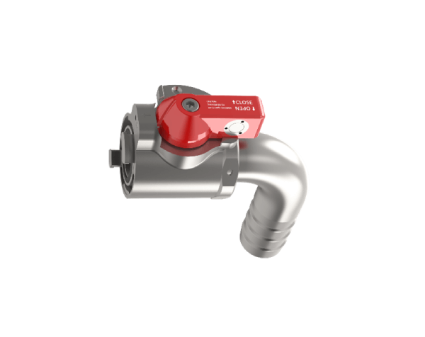 BEEHE FND red-handle 90-degree hose-barb valve-half variant, manufacturer rendering.