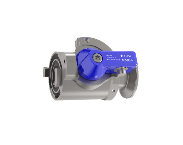 BEEHE FND blue-handle sanitary-clamp valve-half variant, manufacturer rendering.