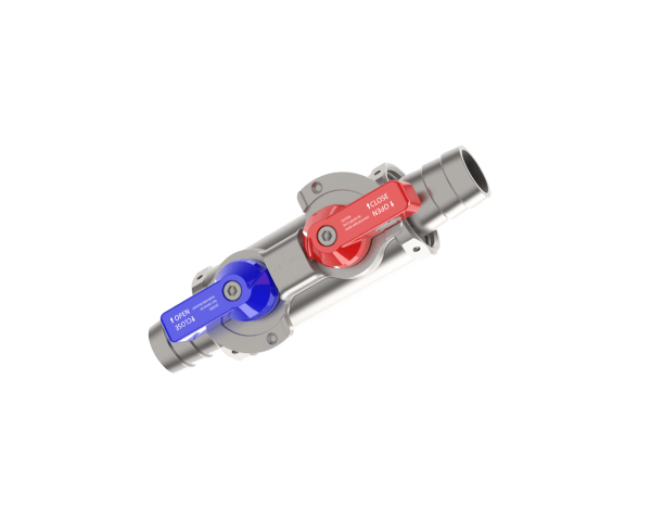 BEEHE FND linked red/blue valve pair, manufacturer product rendering.