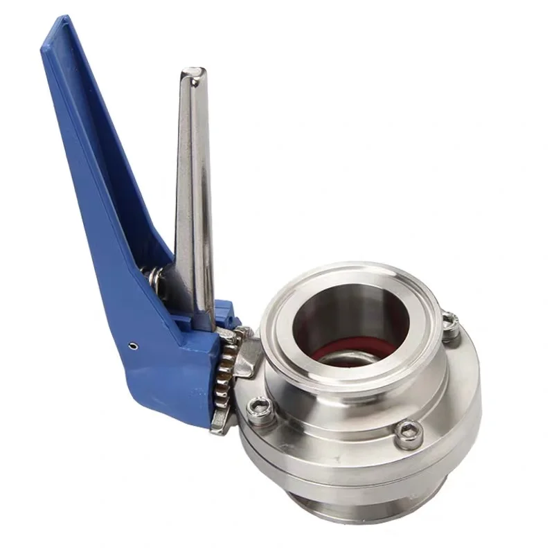 AODSON manual clamp-end butterfly valve with blue lever, original product photograph.
