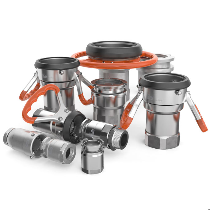 CEJN Smartflow large-bore dry-break coupling range, manufacturer group photograph with handles and mating ends.