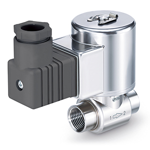 SMC JSX direct-operated two-port solenoid valve series, complete official product photograph with DIN electrical connector option.