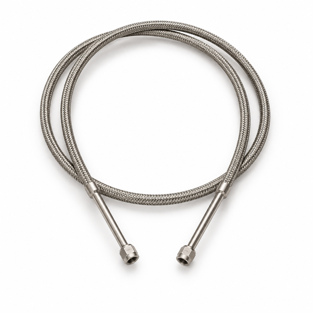 Penflex braided metal hose assembly with paired VCR-style end connectors — manufacturer brochure, physical page 4; shown configuration only.