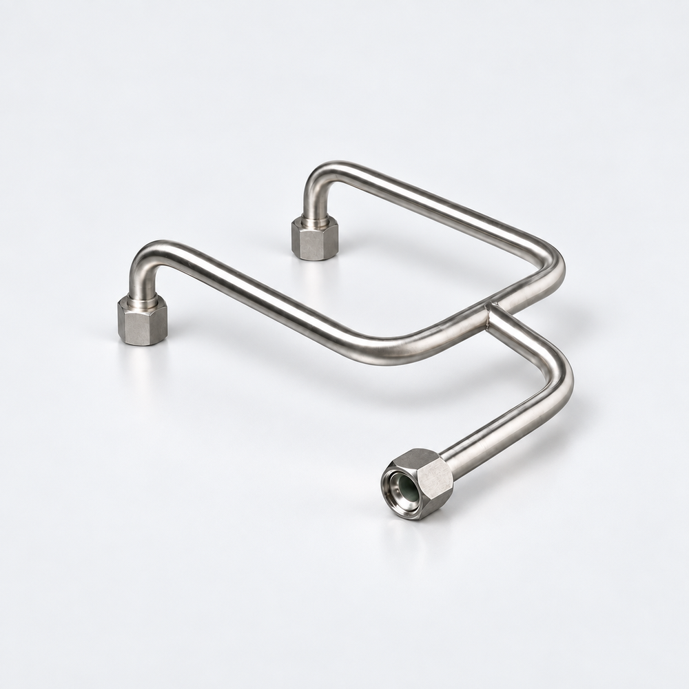 MFC formed stainless-steel tube assembly with a branch — manufacturer assembly example; dimensions and fitting design are drawing-specific.