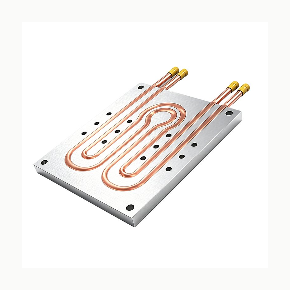 Xinda press-fit copper-tube aluminum cold plate — same-page 800 × 800 rendering of tube route and mounting plate.