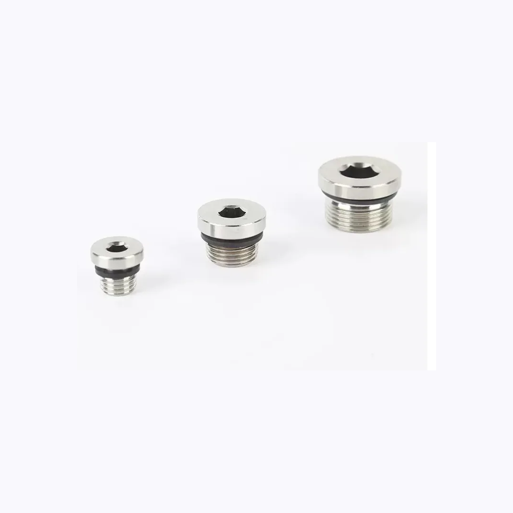AODSON internal-hex flanged male-threaded pipe plugs with visible sealing rings, three size examples.