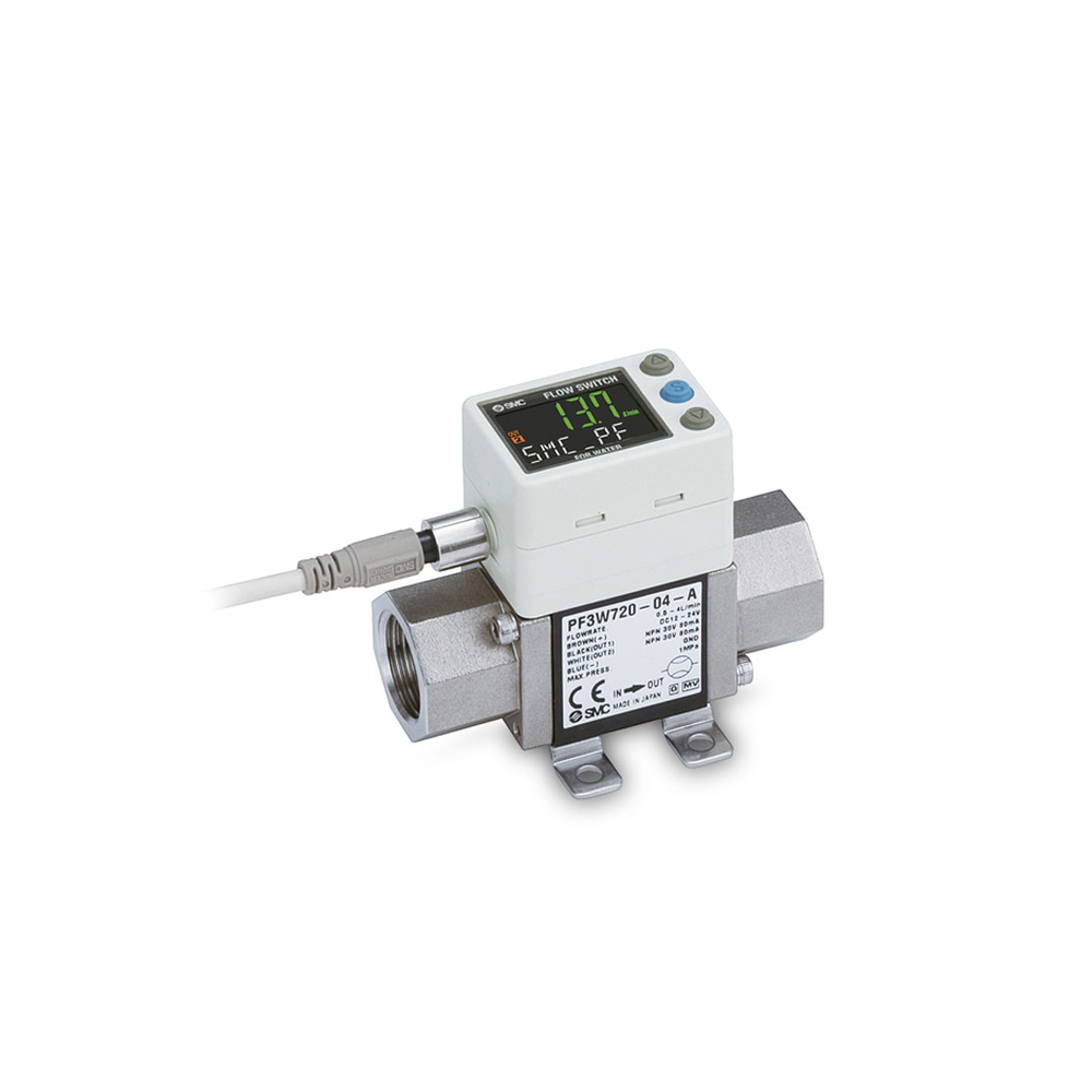 SMC PF3W720-04-A integrated-display water flow sensor, official product photograph; front label identifies the pictured configuration.