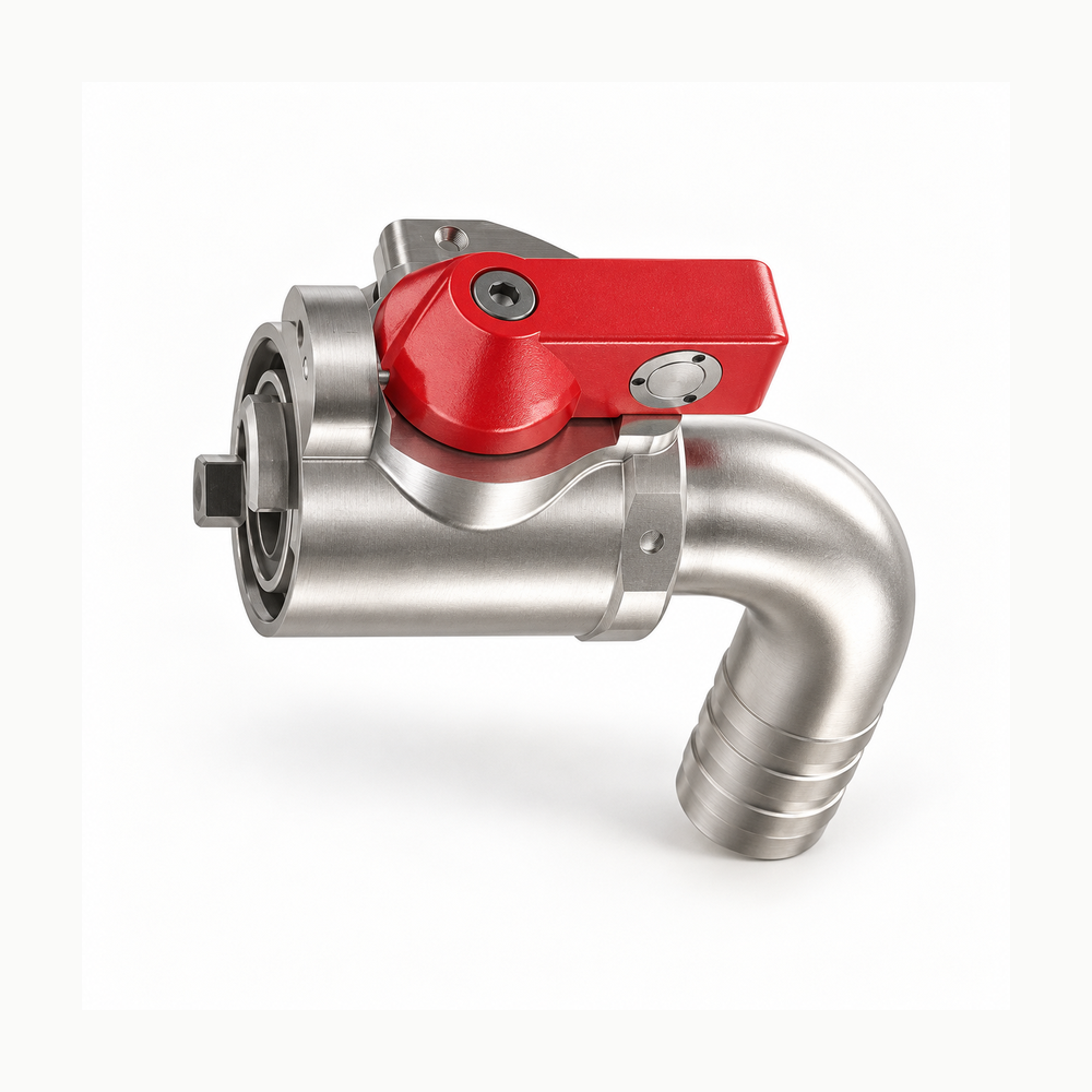 BEEHE FND red-handle 90-degree hose-barb valve-half variant, manufacturer rendering.