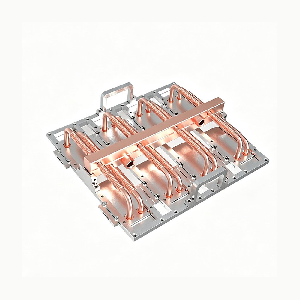 Xinda integrated cold-plate, copper-tube and manifold circuit — same-page 800 × 800 product rendering.