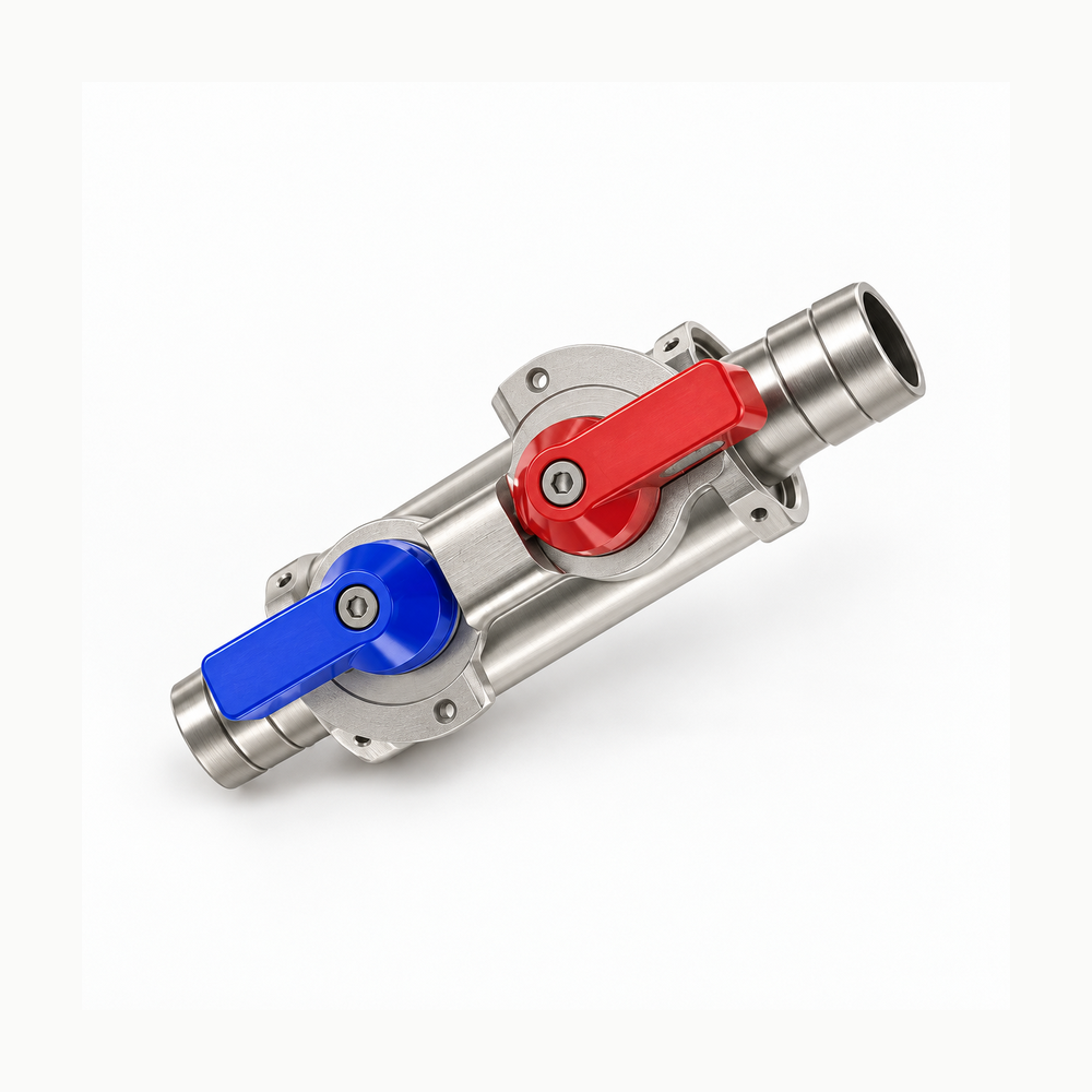 BEEHE FND linked red/blue valve pair, manufacturer product rendering.