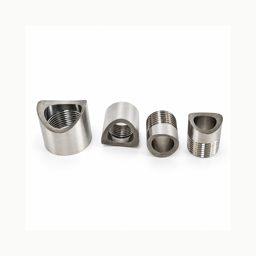 AODSON weld-on saddle threaded outlets with curved pipe-matching bases; custom component reference.