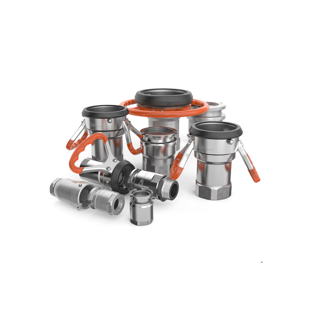 CEJN Smartflow large-bore dry-break coupling range, manufacturer group photograph with handles and mating ends.