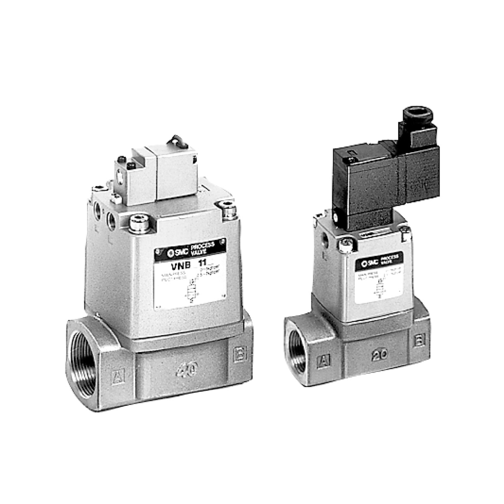 SMC VNB two-port process valve series; the manufacturer shows two actuator/size configurations in one image.