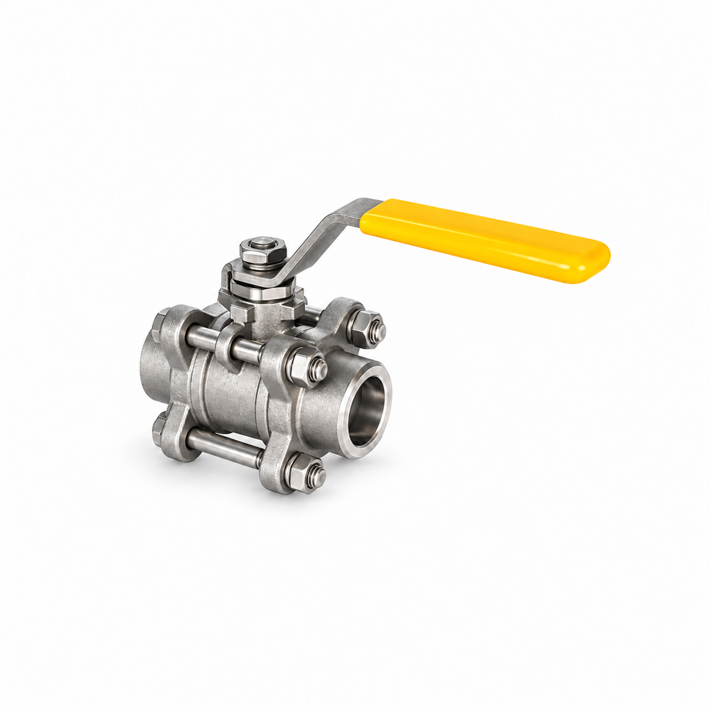 FITOK BG three-piece ball valve — lever, split body and end connections; isolation configuration example, not a coolant-compatibility approval.