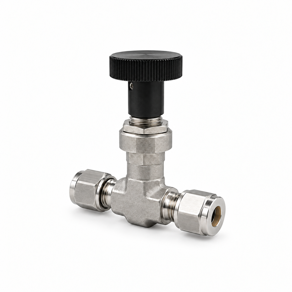 FITOK ML metering valve — round adjustment handle and tube-fitting ends; exact order code determines material and configuration.