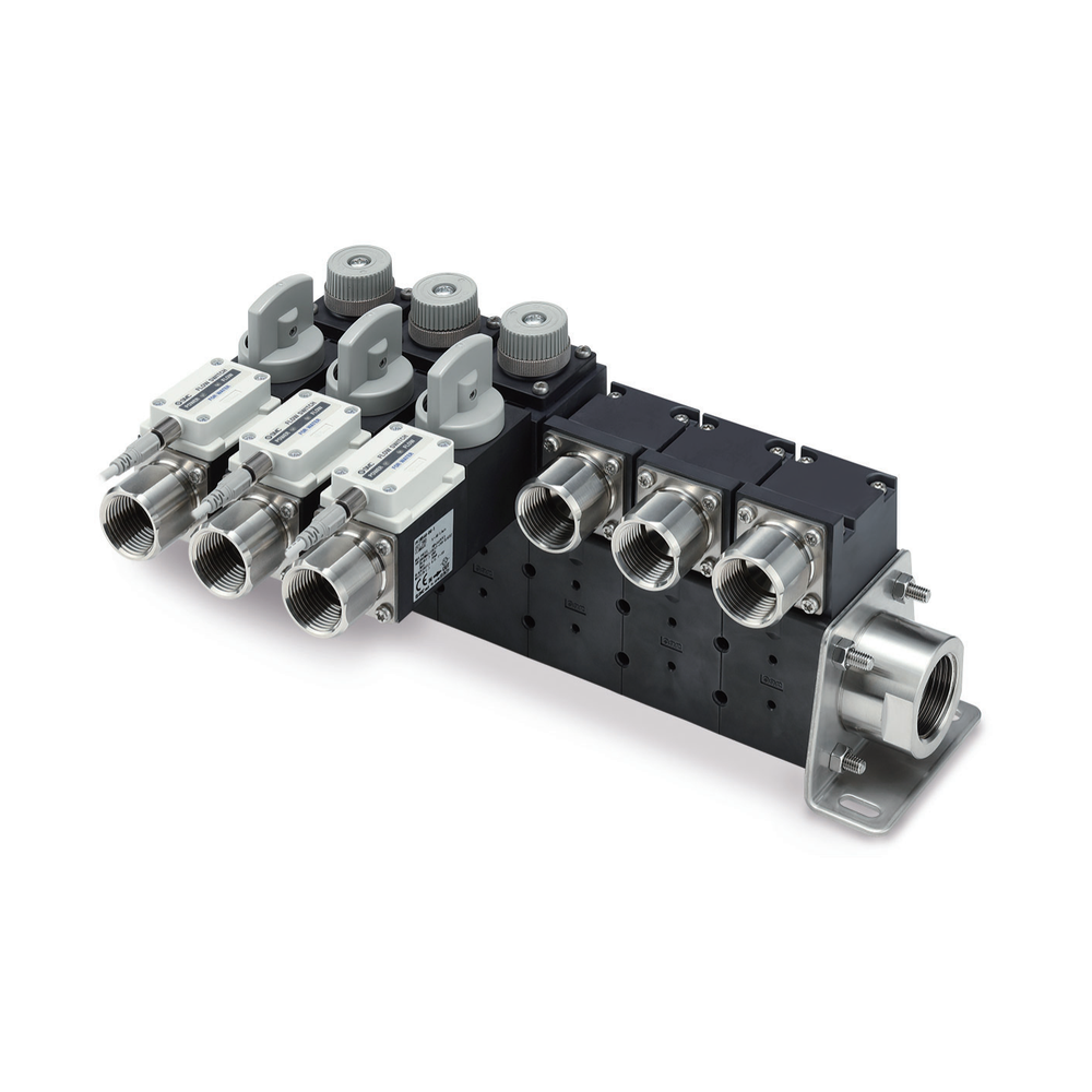 SMC PF3WC integrated straight-type water flow-switch manifold, manufacturer catalogue photograph.