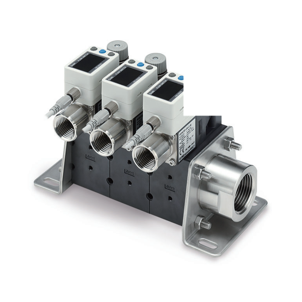 SMC PF3WR remote return-type water flow-switch manifold, manufacturer catalogue photograph.